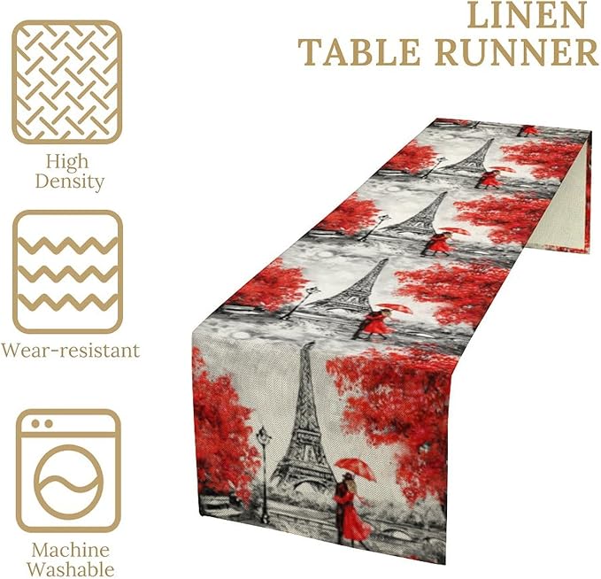 Paris Eiffel Tower Table Runner, Watercolor Eiffel Tower Dinner Runner for Farmhouse Kitchen Dining Table Holiday Party Decoration 13 x 90 in