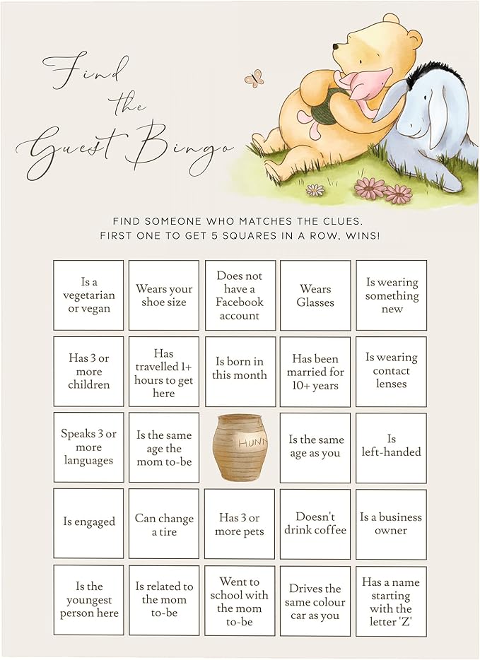 Pooh Bear Baby Shower Games, Find The Guest Bingo, Set of 30, Party Favors & Decorations
