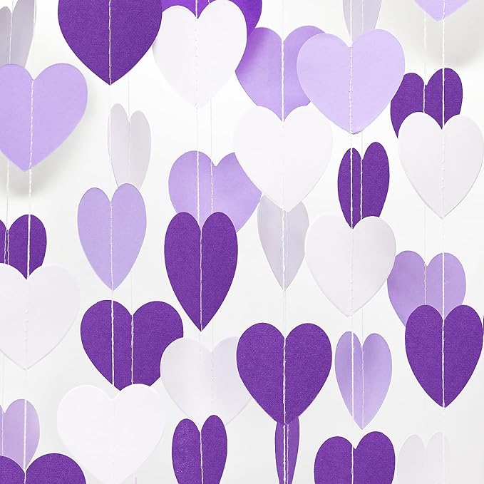 Purple White Birthday Party Decorations – 52Ft Paper Streamers Heart Garland Banner Galentines Valentines Day Girl Baby Shower Women Bridal Wedding Engagement Bachelorette Graduation Hanging Decor