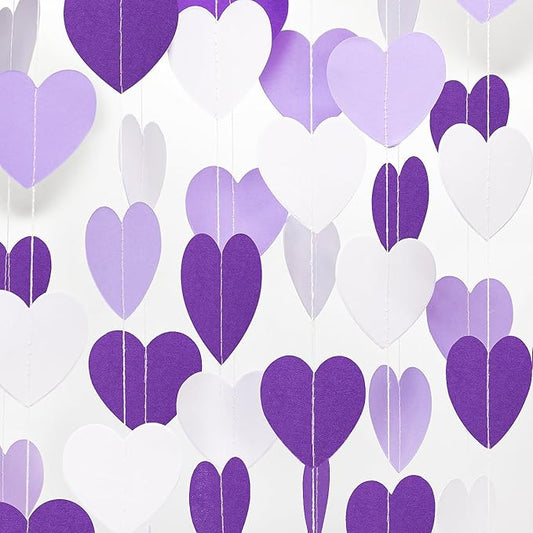 Purple White Birthday Party Decorations – 52Ft Paper Streamers Heart Garland Banner Galentines Valentines Day Girl Baby Shower Women Bridal Wedding Engagement Bachelorette Graduation Hanging Decor