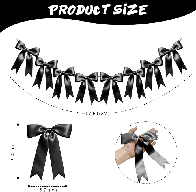 1 String of 8PCS Black Bow Garland Banner Decoration,Pre-Strung Satin Ribbon Ornaments for Birthday,Bachelorette Party,Bridal Shower,Wedding,Engagement,Baby Shower,Graduation Decor,Anniversary