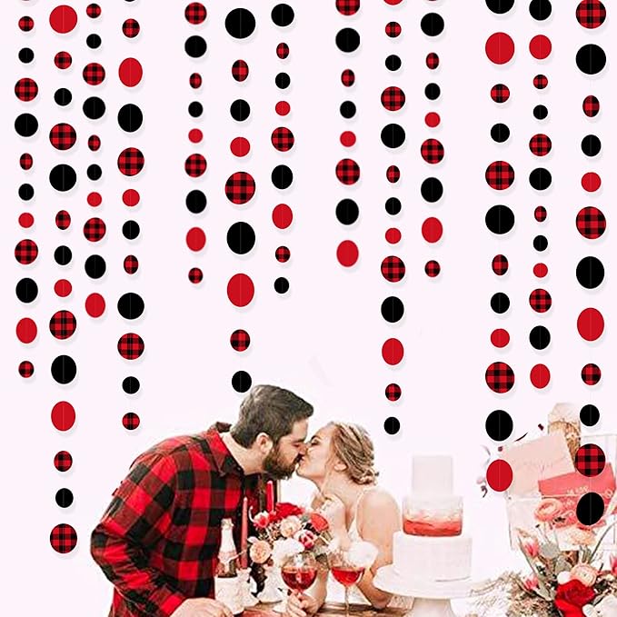 46Ft Buffalo Plaid Polka Dot Garlands Black Red Checkered Paper Circle Dot Streamer Banner for Baby Shower Bridal Shower Birthday Bachelorette Christmas Holiday Halloween Party Decorations Supplies