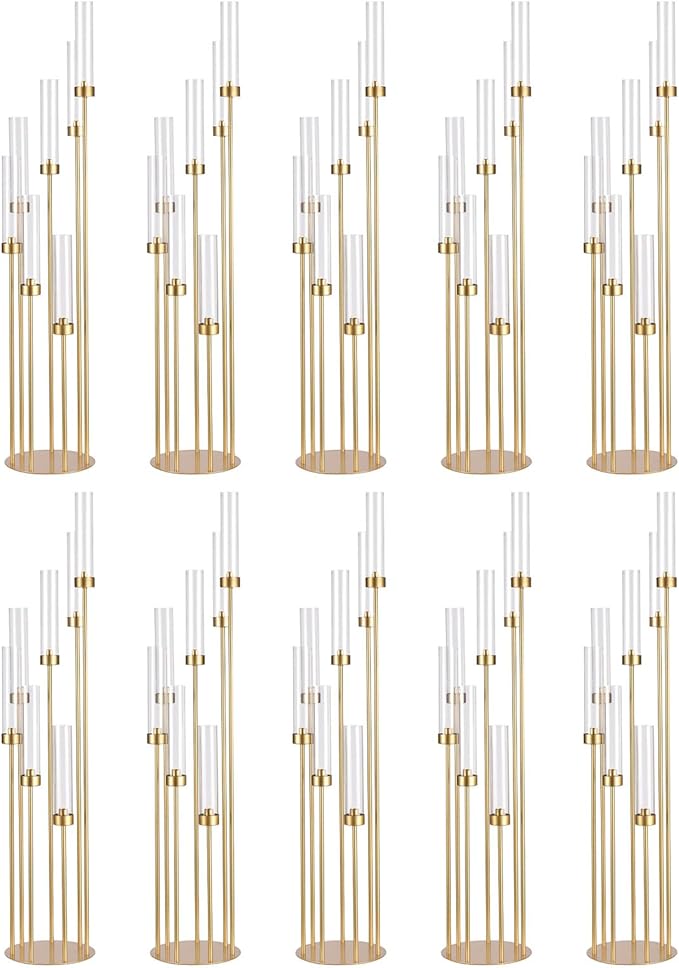 Gold Candelabra Wedding Centerpieces for Tables,Tall Floor Candelabra Fluted Candle Holder Set with Acylic Lamp for Baby Shower Birthday Party Decor candelabros para centros de mesa(10PCS)