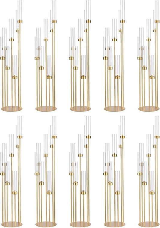 Gold Candelabra Wedding Centerpieces for Tables,Tall Floor Candelabra Fluted Candle Holder Set with Acylic Lamp for Baby Shower Birthday Party Decor candelabros para centros de mesa(10PCS)