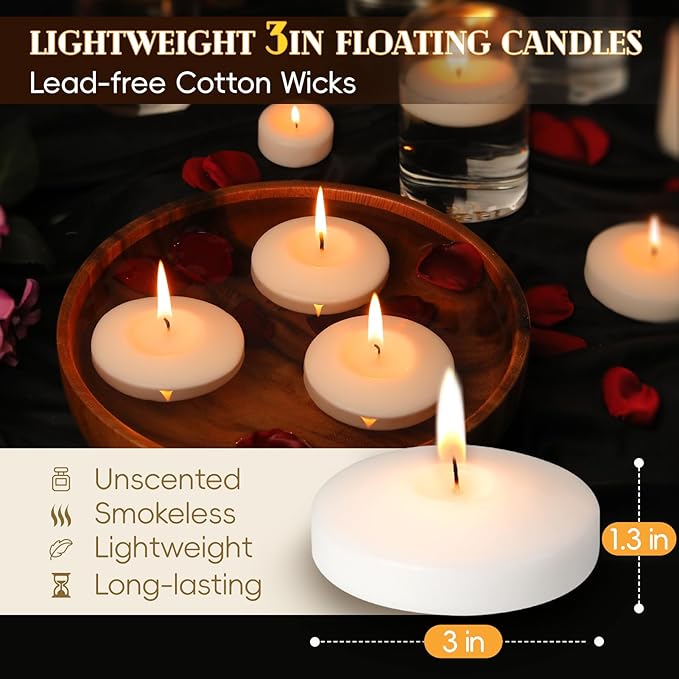 3 inch White Floating Candles, 48 Pack Unscented Floating Candle,8-9 Hours Burning Floating Candles for Centerpieces, Water Candles for Cylinder Vases, Wedding, Party, Pool