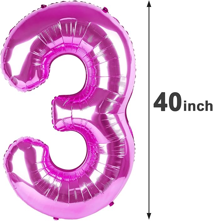 40 Inch Rosy Purple 3 Large Number Balloon, 3 13 23 30 33 36 Rosy Purple Birthday Party Decorations, Number Three Foil Balloons for Anniversary Party Graduations Celebration Supplies