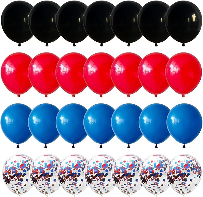 Red Blue Black Balloons, 12 Inch Royal Blue Red Confetti Latex Balloon with Black Helium Balloon Kit for Boys Spider Cool Man Halooween Theme Birthday Decor Graduation Party Decoration Supplies