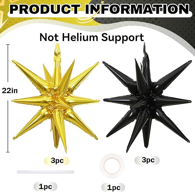 6PCS Black Gold Star Balloons, 22Inch Large Star Balloon Foil Balloons Spike Cone Balloon for Graduation Retirement Birthday New Year Party Decoration