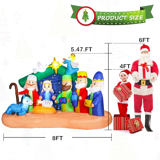 8 FT Christmas Inflatable Decorations Nativity, Outdoor Yard Decorations Built-in Bright LED Light Blow Up Christmas Decorations for Yard, Garden,Lawn Outdoor Holiday Yard Decorations
