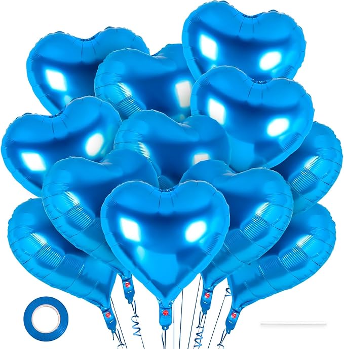 12 Pcs Heart Balloons,18 Inch Blue Heart Foil Balloons Love Balloon Valentine Balloon for Birthday Party Wedding Engagement Party Baby Shower Valentine Day Decorations (blue)