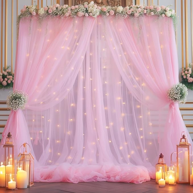 20ft x 10ft Pink Backdrop Curtain with Lights String for Parties, Sheer Tulle Wedding Photo Backdrops Drapes for Baby Shower Birthday Party Decorations Background for Photography