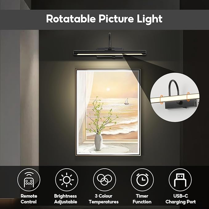 20" Picture Lights for Wall Battery Operated with Remote and Timer, Wireless Art Lights for Paintings, Rechargeable Wall Sconce, Dimmable Lighting for Canvas, Gallery Artwork, Portraits, Black