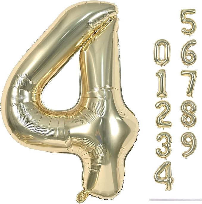 Champagne Gold Foil Balloon Number 4, 40'' Giant Self Inflating Number Balloons Set 0-9, Large Light Gold Number 4 Helium Balloon for Girls Boys 4th Birthday Anniversary Party Decorations Supplies