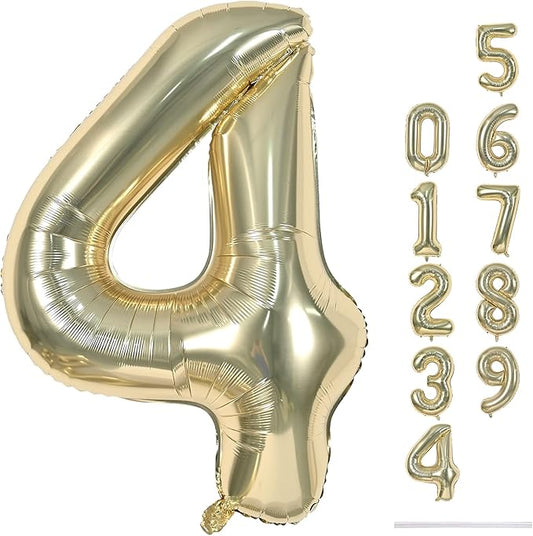 Champagne Gold Foil Balloon Number 4, 40'' Giant Self Inflating Number Balloons Set 0-9, Large Light Gold Number 4 Helium Balloon for Girls Boys 4th Birthday Anniversary Party Decorations Supplies