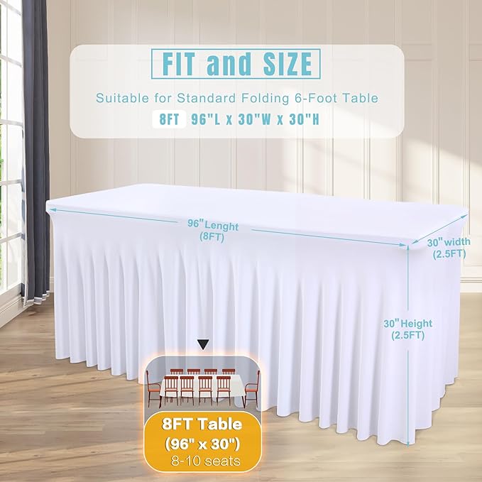 1 Pack White Table Clothes for 8 Foot Rectangle Tables, One-Piece Wrinkle Resistant Stretch Spandex Table Covers with Skirt for Event Banquet Wedding Birthday Party