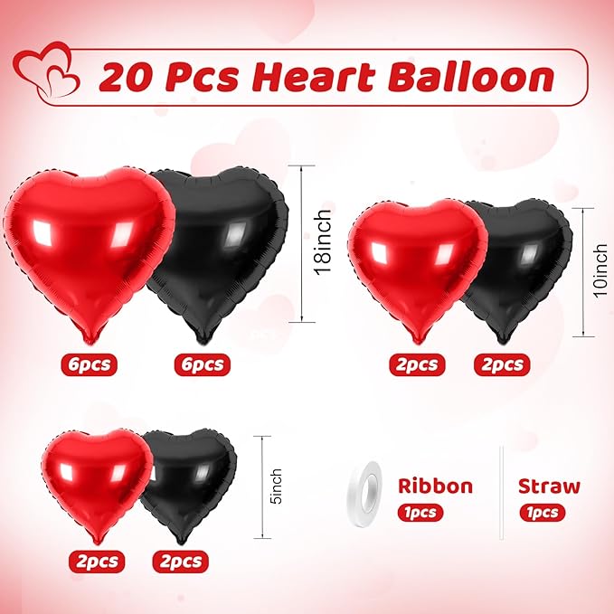 Red Black Heart Balloons, Heart Shaped Ballons, 20 Pcs 5/10/18 inch Red Black Foil Love Balloons for Valentine's Day Decorations Wedding Engagement Bridal Showers Anniversary Celebrations