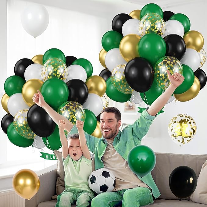 Black Gold Green Balloons 60 Pcs Dark Green White Black Metallic Gold Balloons 12 Inch Football Soccer Video Game Christmas Balloon for Boy Men Jungle Graduation Baby Shower Birthday Party Decorations
