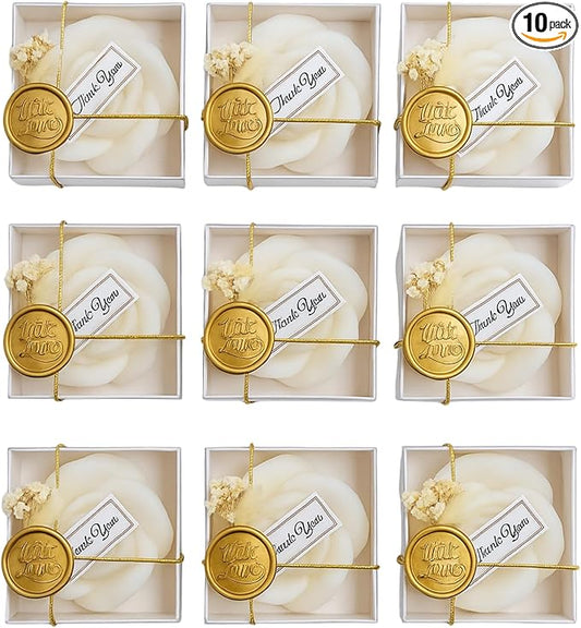 Personalized Rose Shaped Wedding Candle Favors with Seal Wax and Dried Flowers - Scented Soy Wax for Weddings, Bridal Showers, Baby Showers, Birthdays (10-20-30-40-50-100 PCS in Bulk)