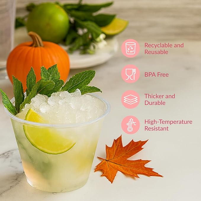 Prestee 50 Pack Plastic Cups - 9 oz Clear Disposable Cups for Cold Beverages, Cocktails, and Desserts - Durable Little Small Cup for Wine, Smoothies, Parties, Events, Catering, and Everyday Gatherings