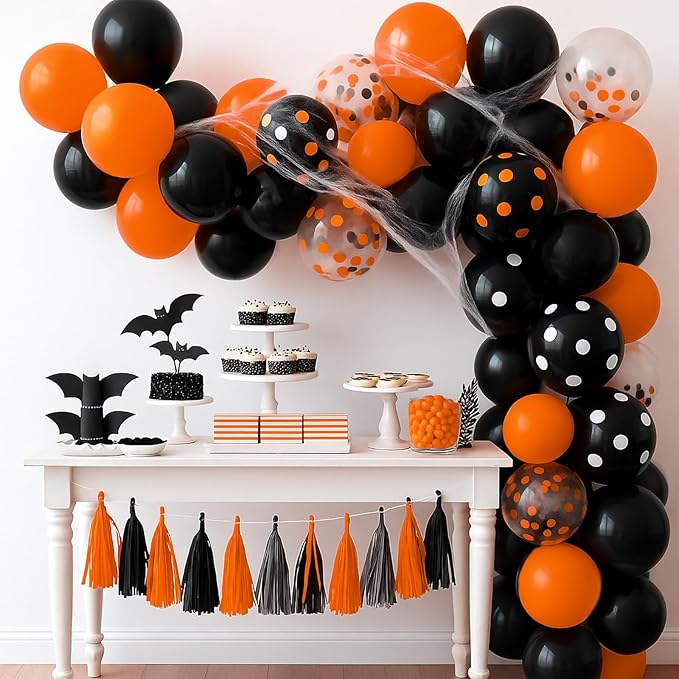Patimate Black Orange Halloween Balloons Set, 50 pcs 12 inch Orange Black Confetti Latex Balloons Kit for Halloween Baby Shower Spooky Birthday Graduation Motorcycle Party Decorations