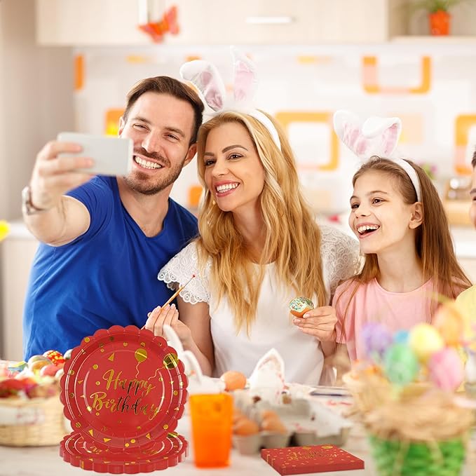 50PCS Happy Birthday Paper Plates and Napkins Party Decorations - 7 Inch Scalloped Red and Gold Dessert Plates and 6.5 Inch Napkins Disposable Tableware Set Birthday Party Supplies, Serves 25