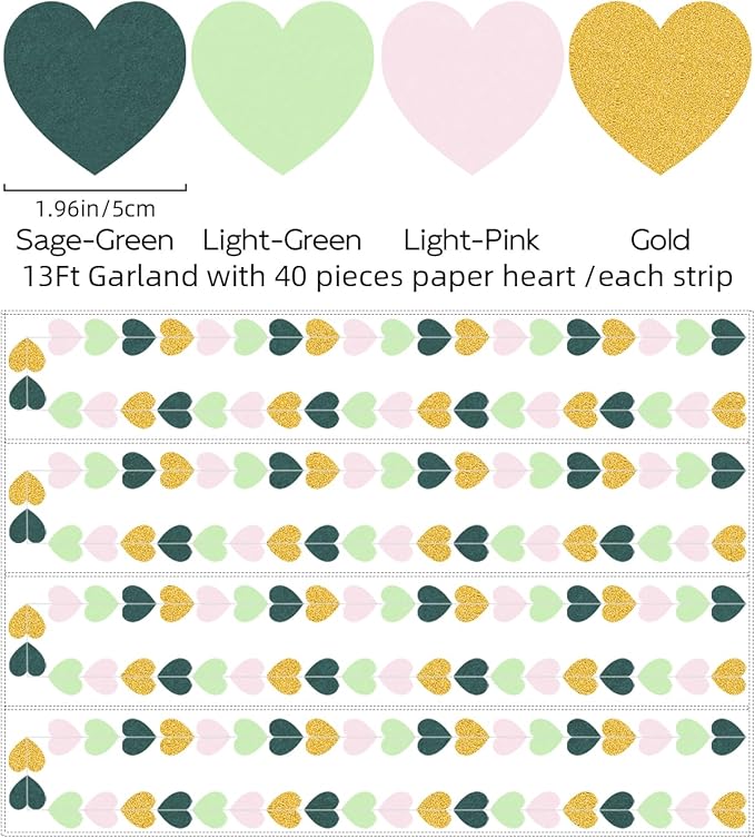 Sage-Green Pink Gold Party-Decorations - Paper Heart Garland Streamers Woodland Theme Baby Shower Bridal Shower Birthday Decoration Wedding Bachelorette Engagement Hanging Decor HongTongTong