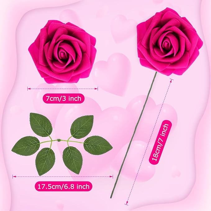 100 Pieces Artificial Foam Rose Flowers Faux Bouquet with Leaves and Stems for DIY Wedding Bouquets Centerpieces Bridal Shower Party Valentine Home Decorations(Hot Pink)