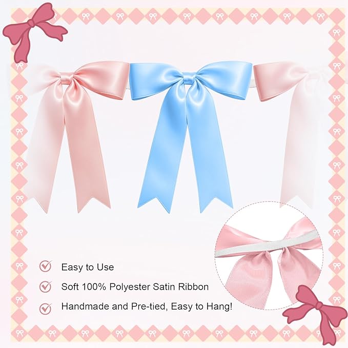 1 String of 8PCS Baby Pink&Baby Blue Bow Garland Banner Decoration,Pre-Strung Satin Ribbon Ornaments for Gender Reveal Party,Baby Shower,Birthday,Bridal Shower,Graduation Decor,Anniversary,Wedding