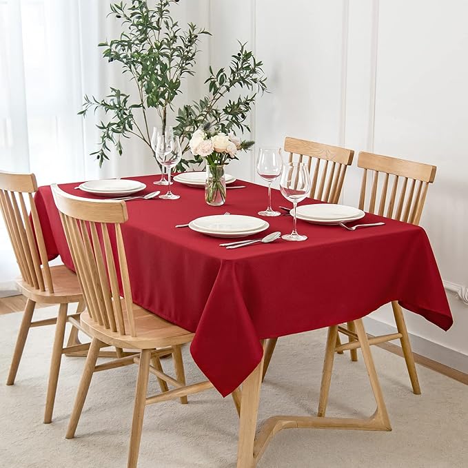 maxmill Rectangle Textured Tablecloth Waterproof Spillproof Wrinkle Free Table Cloth, Kitchen Dining Tabletop Decoration, Fabric Table Cover for Outdoor and Indoor Use, 52 x 70 Inch, Red