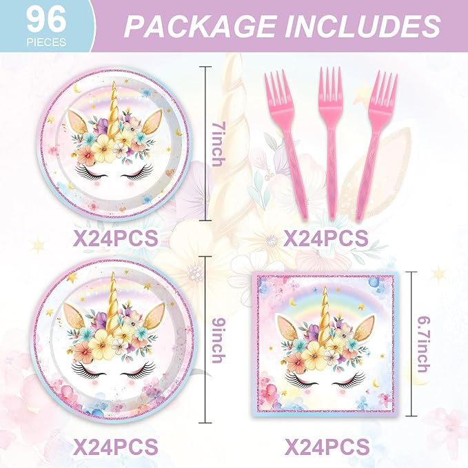 96Pcs Unicorn Birthday Party Decorations Tableware Set Unicorn Wonderland Party Disposable Plates Napkins Forks Serves 24 Rainbow Unicorn Baby Shower Bridal Girls Birthday Party Supplies