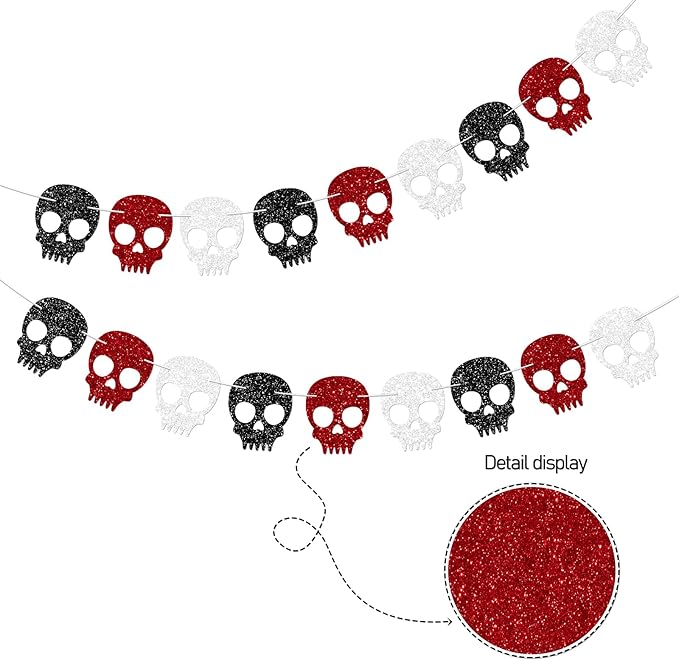 2PC Black/Silver/Red Skull Garland for Halloween Party Decorations Glitter Skull Banner for Gothic Birthday Decorations Supplies