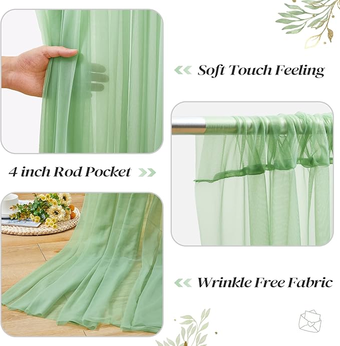 10ft x 8ft Green Backdrop Curtain with Lights String for Parties, Sheer Tulle Wedding Photo Backdrops Drapes for Baby Shower Birthday Party Decorations Background for Photography