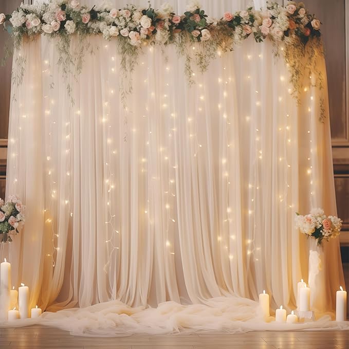 30ft x 10ft Champagne Tulle Backdrop Curtain with Lights String for Parties, Sheer Wedding Photo Backdrops Drapes for Baby Shower Birthday Party Decorations Background for Photography