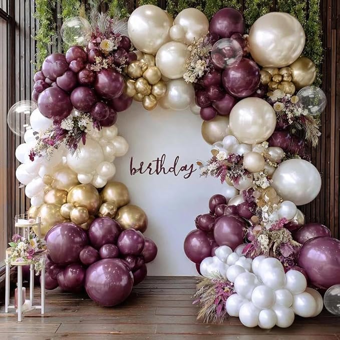 Dark Purple White Balloon Arch Kit, Double Stuffed Plum Burgundy Pearl White Sand Gold Balloon Garland with Clear Bobo Latex for Birthday Baby Shower Bridal Wedding Fall Christmas Party Decoration