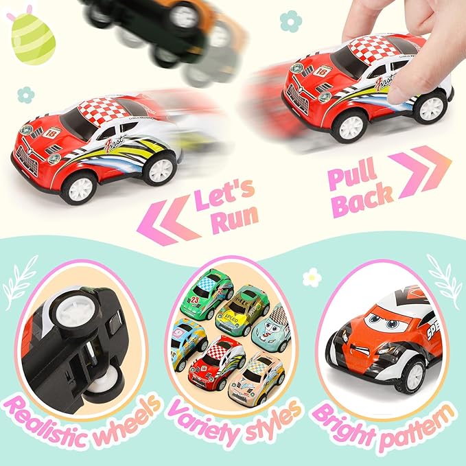 SevenQ Toy Cars Easter Egg Fillers 24 Pcs, Prefilled Easter Basket Stuffers Gifts for Kids Mini Race Car Party Favors Treasure Box Toys for Classroom Birthday Chest Prizes Goodie Bag Hunt Easter Games