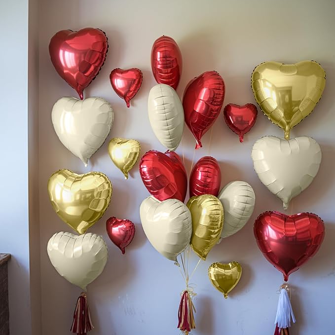 Red Gold Heart Balloons, 19PCS Red White Champagne Gold Heart Shape Balloon, 18Inch with 10Inch Cream Helium Foil Love Balloon for Birthday Baby Shower Wedding Valentines Decorations