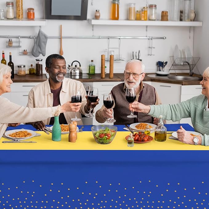 12Pack Disposable Plastic Tablecloths and Satin Table Runner Set Blue and Gold Dot Tablecloth Gold Satin Table Runner for Wedding Birthday Baby Shower Anniversary Christmas New Year Party Decorations