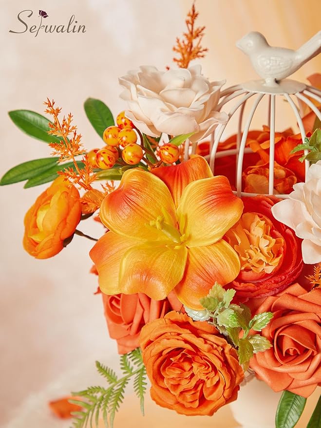 Serwalin Artificial Fall Flowers, Silk Fake Flowers Orange Cake Flowers for DIY Wedding Bridal Bouquet Table Centerpieces Floral Arrangement Fall Home Decor