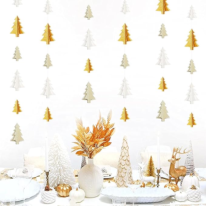 White Gold Christmas-Tree Party-Decorations Garland - 25 Ft Hanging Birthday Paper Streamers Banner,Wedding Baby Bridal Shower Bachelorette Decor Ouruola