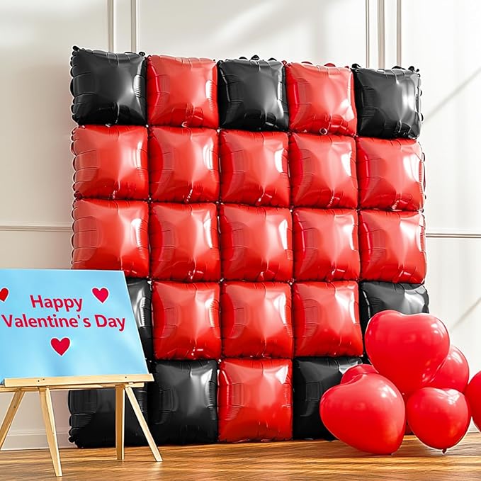 NISOCY 25PCS Red Black Square Foil Balloons Wall Backdrop Double Sided Red Black Balloons Arch Kit for Birthday Valentine's Day Halloween Graduation Wedding Anniversary Party Decorations