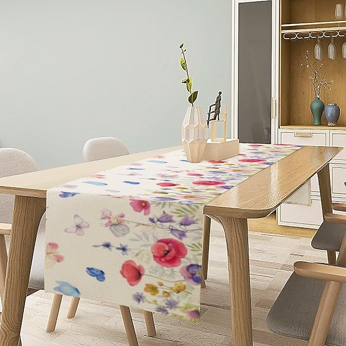 Butterfly Table Runner, Wildflowers Floral Butterfly Table Decoration Seasonal Summer Home Kitchen Dining Table Indoor Outdoor Farmhouse Decor 13x120 Inch