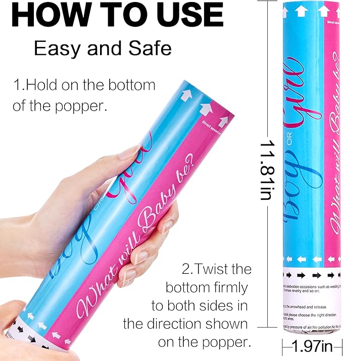 Confetti Cannon Gender Reveal 12 inch Powder Confetti Poppers for Boy or Girl Set of 4 Gender Reveal Decorations Smoke Cannon Party Poppers for Gender Reveal Party Blue or Pink Confetti Powder Poppers
