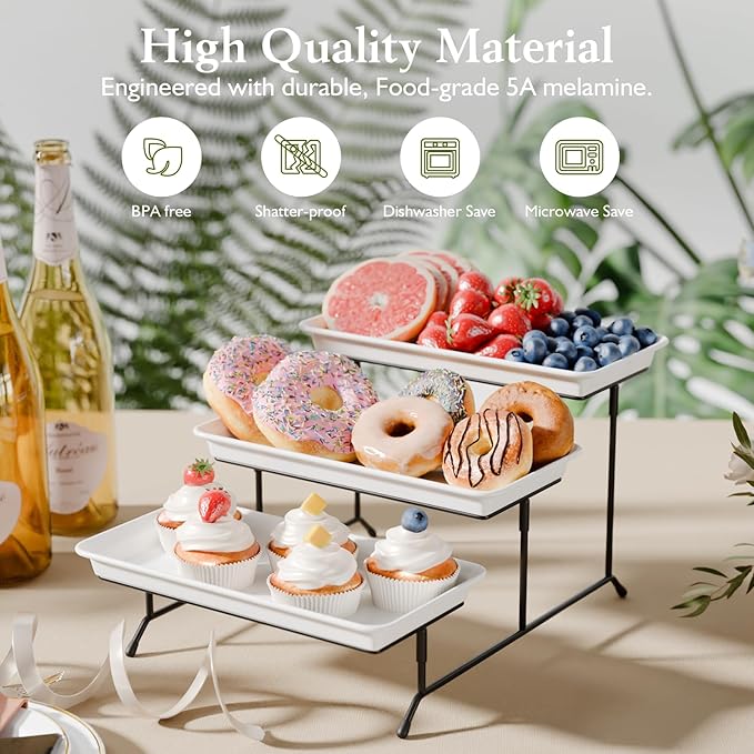 3-Tier Melamine Serving Tray Set, 11.5" x 5.6" Platters for Serving Food, White Reusable Trays with Black Metal Display Stand for Cupcakes, Sevring Food, Dessert, Fruit, Cookie, Black