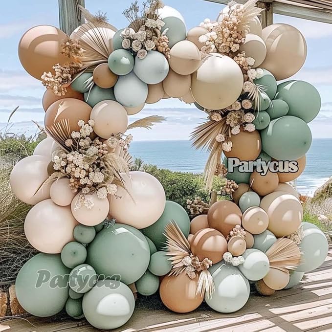 Dusty Green Tan Balloon Arch Kit Double Stuffed, Light Sage Green White Sand Brown Apricot Pastel Neutral Balloon Garland for Boho Baby Shower Birthday Wedding Fall Christmas Party Decoration