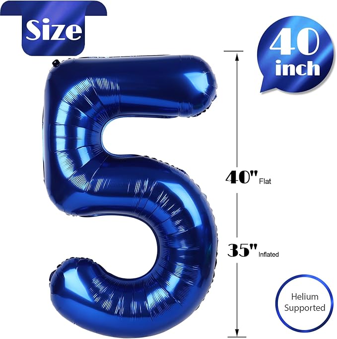 Night Blue Number 5 Balloon 40 Inch, 5th Birthday Party Decorations for Children, Giant 5 Foil Balloon for Party Supplies