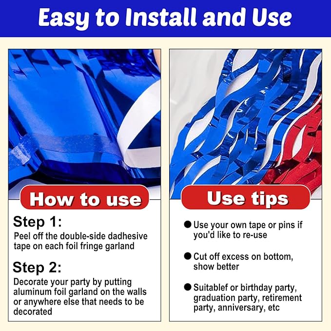 6 Pack 10 Feet White Blue Red Wave Foil Fringe Garland Metallic Tinsel Streamers Banner Wall Hanging Curtain Backdrop for Parade Floats, Mother's Day, Easter, Wedding, Birthday Party Decoration