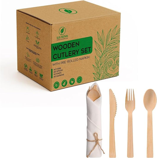Premium Pre-Rolled Napkin and Bamboo Cutlery Set (60 Pack, 240 PCS) 100% Biodegradable, Eco-Friendly, Disposable Wrapped Cutlery - Includes Pre-Wrapped Bamboo Forks, Knives, Spoons, & Napkins