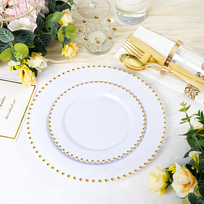 LIYH 350 Pcs White and Gold Plastic Plates - Elegant Disposable Gold Plastic Dinnerware set Include Dinner & Dessert Plates Cups Napkins for Birthday Party Wedding 50 Guests