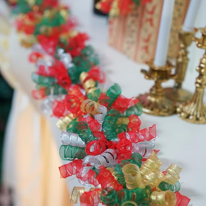 12PCS Gold Curly Ribbon Bows Gift Wrapping self-Adhesive Thanksgiving, Christmas, New Year, Birthday, Presents, Treat Bags, Crafts, Wine Bottles Baskets Shower Favors, Wedding Decor (red green silver)