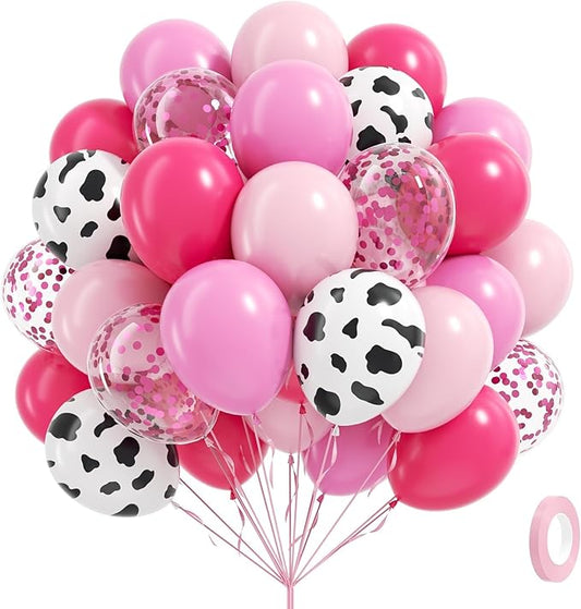 60pcs Cowgirl Balloons, Hot Pink Light Pink Confetti Cow Print Latex Balloons for Farm Cowgirl Bridal Shower Bachelorette Birthday Party Decorations